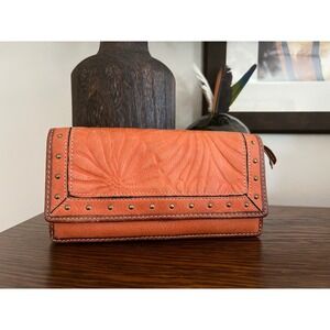 Fossil Leather Trifold Wallet Cognac Tooled Floral Studded Boho Checkbook Wallet